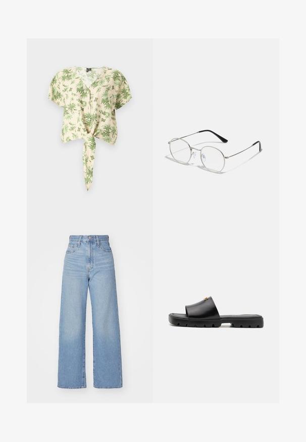 Krótki rękaw, beżowa koszula z zielonymi wzorami liści, z zapinanym przodem i szczegółem w postaci związania u dołu. Wykonana z lekkiego materiału.; Jasnoniebieskie jeansy z wysokim stanem i szerokimi nogawkami, z zapięciem na guziki i zamek z przodu, przednie i tylne kieszenie, na białym tle.; Czarne mule z gładką, matową skórą cholewy i grubą, teksturowaną gumową podeszwą. Zauważalny złoty element ozdobny na cholewie. Prosty, otwarty design.; Okrągłe metalowe okulary z cienką srebrną oprawą, przezroczystymi soczewkami i czarnymi zausznikami z gumowymi końcówkami dla wygody. Minimalistyczny design.