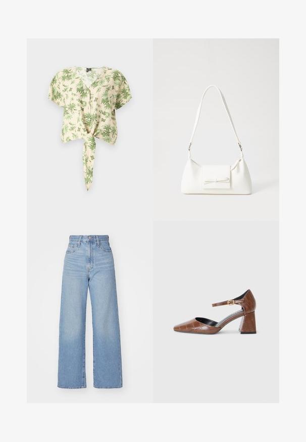 Cămașă bej cu mânecă scurtă, decorată cu modele de frunze verzi, având un încheiat cu nasturi și un detaliu de tiv legat. Fabricată dintr-un material ușor.; Jeans cu talie înaltă, de culoare albastru deschis, cu croială largă, dotate cu nasture și fermoar la față, buzunare în față și spate, pe un fundal alb.; Pantofii din piele lăcuită maro cu vârful pătrat, model texturat de crocodil, curea pentru gleznă cu cataramă aurie și toc gros.; Geantă sintetică albă, cu formă triangulară, capac frontal plat și detaliu cu fundă, curea ajustabilă, textură netedă și design minimalist.