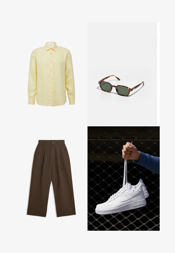Langarmige gele linnen shirt met een knoopsluiting aan de voorkant, een puntige kraag en lichtbruine knopen. Heeft een gladde textuur en een relaxte pasvorm.; Witte katoenen tanktop met een ronde halslijn, brede schouderbanden en een rechte zoom, met een gladde textuur en zonder zichtbare patronen.; Bruine geplooide broeken met een wijdvallend ontwerp, voorzien van een knoopsluiting en zijzakken, gemaakt van een textiel dat geschikt is voor casual wear.; Witte leren sneakers met perforaties, ronde neus, vlakke zool en dikke veters, met een zichtbare swoosh-logo en "AIR" op de hiel.; Tortoiseshell zonnebrillen met groene glazen, met een octagonaal formaat en slanke, gebogen armen. Materiaal heeft een glanzende afwerking.