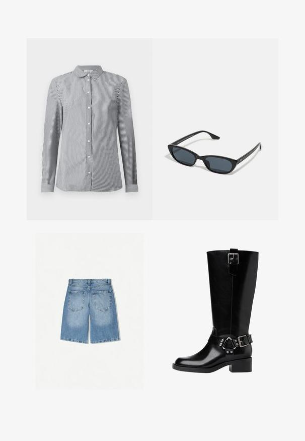 Pruhovaná košeľa na gombíky v čierno-bielej bavlne. Má klasický golier a dlhé rukávy s gombíkovými manžetami.; Džínsové kraťasy vo svetlomodrej farbe s voľným strihom. Majú dve zadné vrecká a rovný strih. Hladká textúra s minimálnym vyblednutím.; Čierne kožené vysoké čižmy po kolená s okrúhlou špičkou, masívnym podpätkom, nastaviteľným remienkom s kovovými akcentmi a lesklým povrchom.; Čierne mačacie slnečné okuliare s tmavými sklami, plastovým rámom, štíhlymi spolkami a jemným brandingom na vnútornej strane ramena. Matná povrchová úprava.; Čierna kožená taška cez rameno s zakriveným siluetou, vybavená zlatým reťazcom a hladkým, lesklým povrchom.