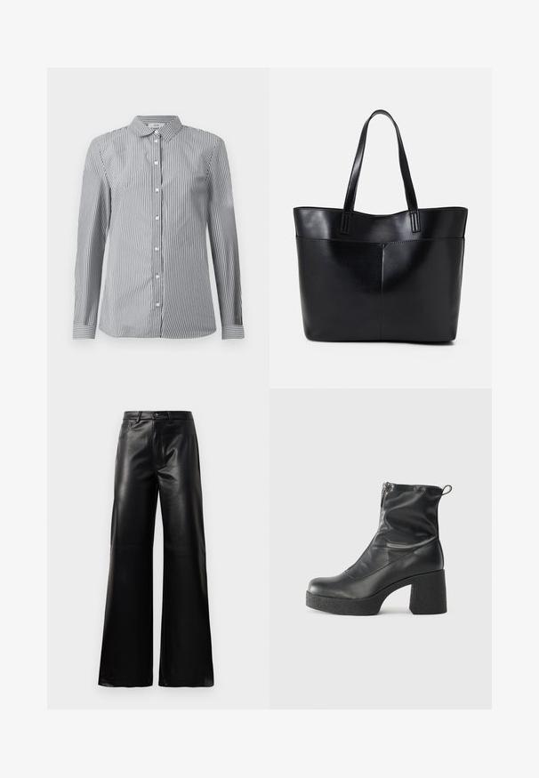 Striped button-up shirt in black and white cotton fabric. Features a classic collar and long sleeves with button cuffs.; Black high-waist wide-leg faux leather pants with front button, zip closure, belt loops, and side pockets on white background.; Black ankle boots made of smooth leather, featuring a side zipper, chunky textured heel, and rounded toe design.; Black leather tote bag with two long handles, a smooth texture, and a structured shape. Features a front pocket for additional storage.