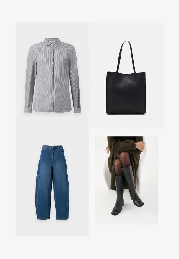 Striped button-up shirt in black and white cotton fabric. Features a classic collar and long sleeves with button cuffs.; Denim jeans in a medium blue wash, featuring a high waist, wide leg cut, and standard five-pocket design with visible stitching details.; Knee-high black leather boots with a squared toe and block heel, shown with a model seated in an olive green coat. Smooth texture, minimal detailing.; Black leather tote bag with smooth texture, rectangular shape, and two long handles. No visible hardware or embellishments.