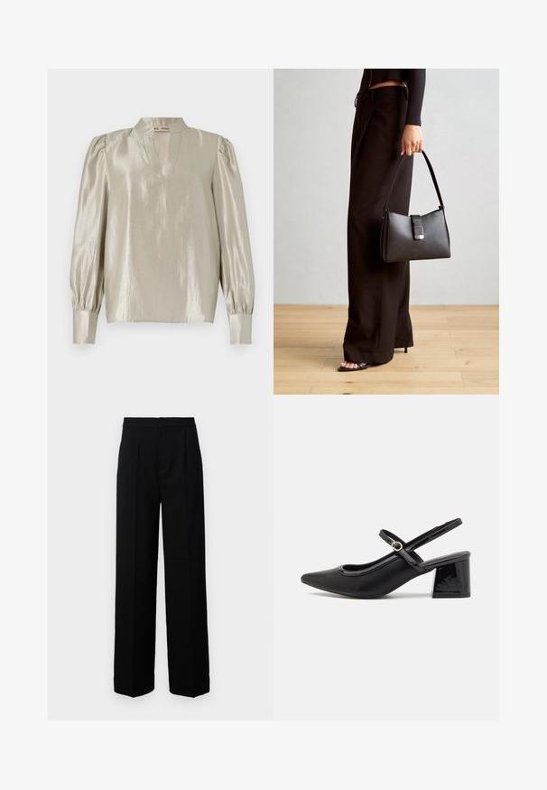 Lys grå bluse med en blank finish, som har høy hals, en V-splitt og rynkede lange ermer med tettsittende mansjetter.; Svarte vide bukser med en glatt tekstur, med flat front, folder og en skreddersydd midje. Ingen synlig maskinvare eller mønster.; Sorte lakk lær slingback hæler med spiss tå, et avrundet utskjæringsdesign og blokkheel. Har en gulltone spenne som detalj.; Svart håndveske med strukturert form, jevn tekstur og metallisk lås. Kombinert med brede svarte bukser og sandaler med åpen tå på tregulv.