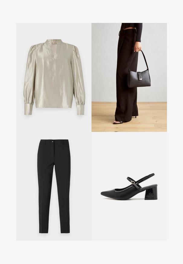 Lys grå bluse med en blank finish, som har høy hals, en V-splitt og rynkede lange ermer med tettsittende mansjetter.; Sorte tettsittende bukser i glatt stoff, med klassisk midjebånd, frontal glidelås og sidelommer, med en strømlinjeformet, skreddersydd design.; Sorte lakk lær slingback hæler med spiss tå, et avrundet utskjæringsdesign og blokkheel. Har en gulltone spenne som detalj.; Svart håndveske med strukturert form, jevn tekstur og metallisk lås. Kombinert med brede svarte bukser og sandaler med åpen tå på tregulv.
