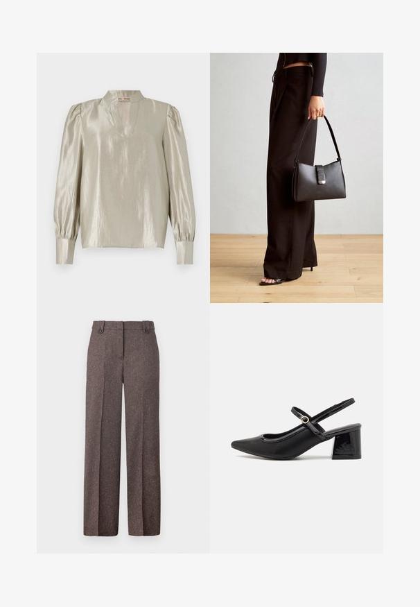 Világosszürke blúz fényes felülettel, magas nyakkivágással, V-alakú gombolással és hosszú, gumírozott ujjakkal, szűk csuklókkal.; Barna, széles szárú nadrág, texturált anyagból készült. Két első zsebe és szabott illeszkedése van, a deréknál két gombbal.; Fekete lakk bőr, pántos magassarkú cipő, hegyes orral, lekerekített kivágással és tömbsarkal. Arany színű csat díszíti.; Fekete kézi táska strukturált formával, sima textúrával és fémből készült záródással. Széles fekete nadrággal és nyitott orrú szandállal párosítva, fából készült padlón.
