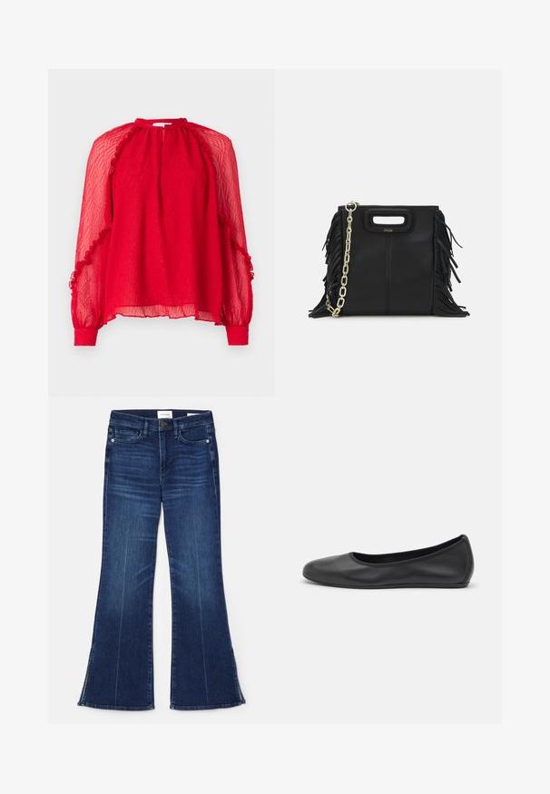 Hofmann Copenhagen XENIA - Pluus - kissmered; Tumedat sinised laiad teksad, mis on valmistatud denimist. Omavad kõrget vööd, eesmine taskud ja lõhikud hemmi juures. Klassikaline viie-tasku disain.; Musthave mustika tantsutossud mustast nahast, ümmarguse varbaga, siledast tekstuurist, minimaalse õmblusdetailiga ja paindliku tallakujundusega.; Musta nahk käekott, millel on frantsiisid, kuldne ahelsanga ja lõigatud käepide. Esiosas on logot.