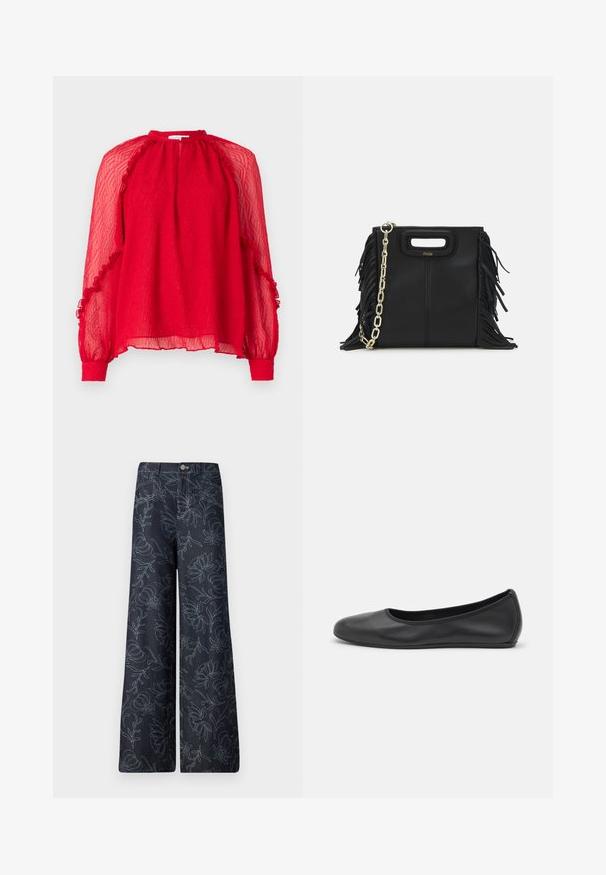 Hofmann Copenhagen XENIA - Blúz - kissmered; Sötét farmer széles lábú nadrág, világoskék hímzett virágmintával. Klasszikus ötpocket stílus, elülső gombzárral.; Fekete bőr balettcipő lekerekített orral, sima tekstúrával, minimális varrással és rugalmas talp kialakítással.; Fekete bőr kézitáska, frufrus részletekkel, arany láncos vállpánttal és kivágott fogantyúval. Az elülső részen logó található.