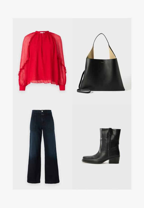 Hofmann Copenhagen XENIA - Camicetta - kissmered; Jeans a gamba larga di denim blu scuro, caratterizzati da una vita alta, tasche anteriori e chiusura con bottone frontale. Tessuto liscio con una leggera scoloritura.; Stivale ankle in pelle nera con punta arrotondata, tacco a blocco, cerniera laterale e dettagli in cucitura sulla tomaia. Texture liscia, design classico.; Borsa tote in pelle nera con un design spazioso e angolare. Presenta un interno in contrasto di color cammello e una sottile tracolla. Branding minimalista visibile.