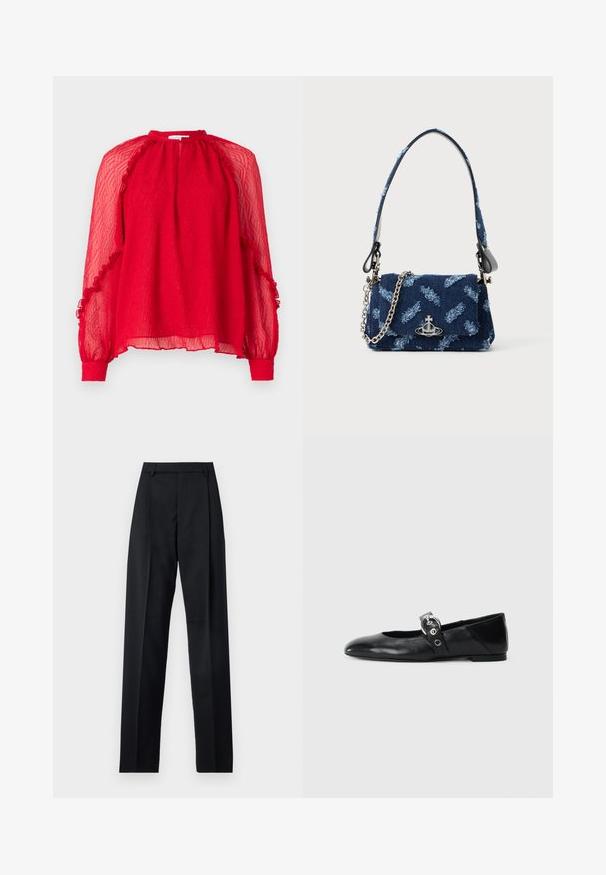 Hofmann Copenhagen XENIA - Camicetta - kissmered; Pantaloni neri realizzati in tessuto morbido, caratterizzati da vita alta, gambe larghe, pince frontali e classiche passanti per cintura. Non ci sono tasche laterali visibili.; Ballerine in pelle nera con punta appuntita, dotate di una fascia con una fibbia metallica circolare e suola piatta.; Borsa in tessuto blu navy con un design testurizzato, hardware in argento e una tracolla catena removibile. Presenta una chiusura a pattina e un accento con logo.