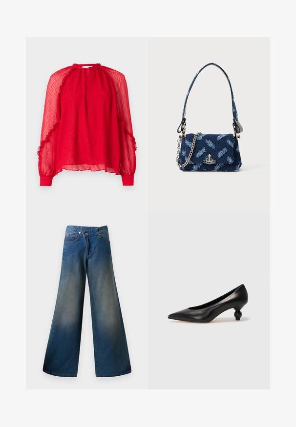 Hofmann Copenhagen XENIA - Bluse - kissmered; Bredde ben blå jeans lavet af denim, med en let falmet finish, synlige sømme, to frontlommer og en knaplukning.; Sort læder høje hæle med spids tå og rund, kugleformet hæl. Glat tekstur med et stilrent, minimalistisk design.; Mørkeblå stof håndtaske med en struktureret design, sølv hardware og en aftagelig kædetras. Har en klaplukning og et logo accent.