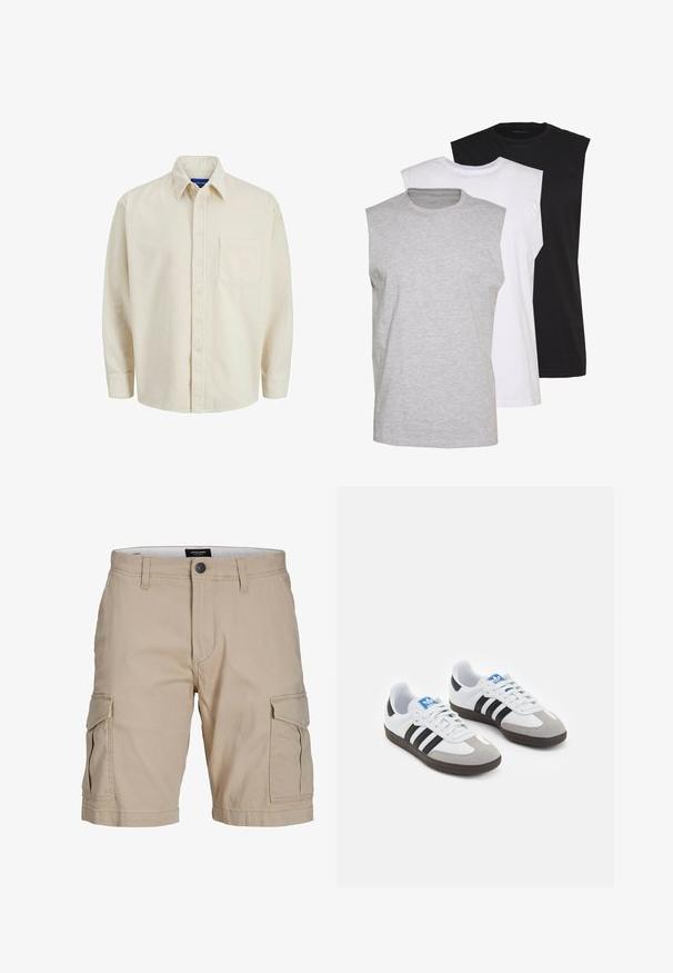 Béžová kordurová košeľa s gombíkovým zapínaním vpredu, golierom, dlhými rukávmi a jednou náprsné vreckom. Obsahuje úzke vertikálne pruhy.; Tričko bez rukávov v šedé, bílé a černé barvě. Měkký bavlněný materiál s kulatým výstřihem a volným střihem. Jednoduchý design, bez vzorů.; Béžové cargo šortky vyrobené z bavlny, s viacerými bočnými vreckami, zapínaním na gombík v páse a rovnou siluetou.; Športové topánky s bielym koženým zvrškom, šedou semišovou špičkou a tromi čiernymi pruhmi. Obsahujú modré logo na jazyku a štruktúrovanú gumovú podrážku.