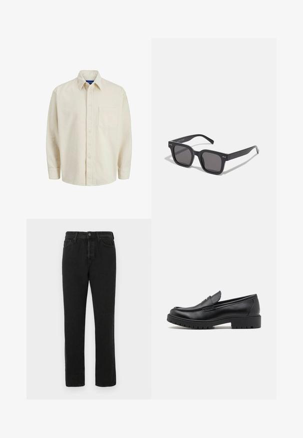Beige korduroy košile s knoflíkovým zapínáním vpředu, límcem, dlouhými rukávy a jednou kapsou na hrudi. Má úzké vertikální pruhy.; Černé džíny rovného střihu z denimu s předním zapínáním na knoflík a zip, poutky na opasek a designem s pěti kapsami, vystavené na bílém pozadí.; Černé kožené mokasíny s kulatou špičkou, designem na nazouvání a silnou gumovou podešví s texturovaným gripem. Zvýšený podpatek a jemné švy.; Černé obdélníkové sluneční brýle s tmavými skly, disponující silným rámem, decentními akcenty po stranách a bez viditelných log kromě názvu značky.; Stříbrné nerezové hodinky s modrým a červeným lunetou, námořnickým ciferníkem, bílými hodinovými indexy, křemenným strojkem, voděodolností do 200 m a zobrazením data.