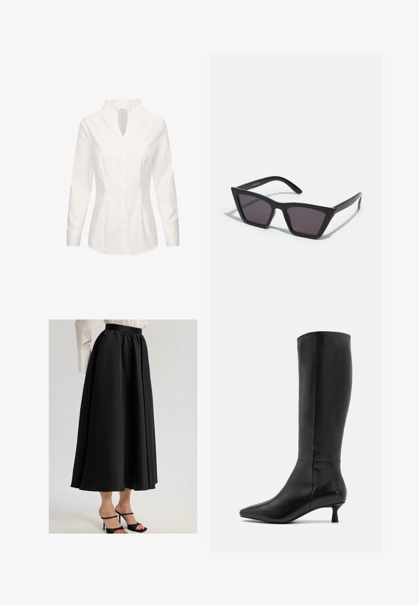 Camicia bianca in cotone, con colletto alla cinese, maniche lunghe, chiusura frontale con bottoni e vestibilità sartoriale. Texture liscia e design pulito.; Gonna nera maxi realizzata in tessuto liscio, caratterizzata da una vita arricciata e un design fluido, abbinata a sandali neri con cinturini.; Zign Stivali alti - black; Occhiali da sole neri e angolari con lenti grigie; realizzati in plastica, con aste spesse dalla superficie liscia e senza hardware visibile.; Borsa a tracolla in pelle nera texture con una forma strutturata, dotata di manico superiore, tracolla removibile e una chiusura con logo in tono oro.