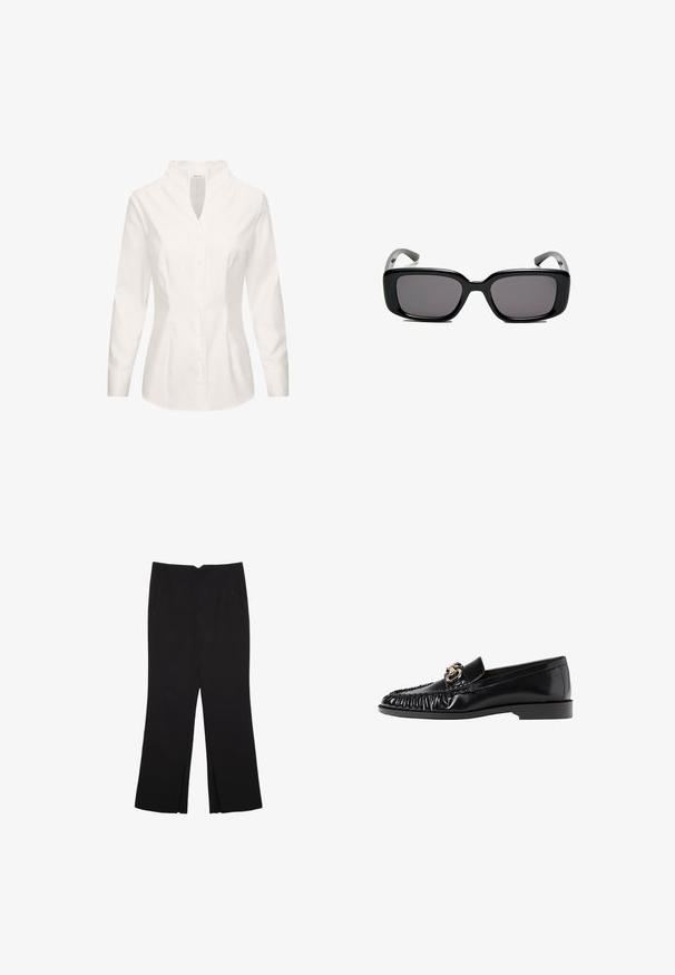 Camicia bianca in cotone, con colletto alla cinese, maniche lunghe, chiusura frontale con bottoni e vestibilità sartoriale. Texture liscia e design pulito.; Pantaloni neri a gamba dritta, con tasche frontali e spacchi laterali all'orlo. Realizzati in tessuto morbido e liscio. Adatti a diverse occasioni.; Mocassino in pelle nera con punta rotonda, texture arricciata e accento in hardware dorato. Tacco piatto e finitura liscia in tutta la sua superficie.; Occhiali da sole neri rettangolari con lenti scure, montatura in plastica liscia e tempie curve. Il design è voluminoso con un'estetica minimalista.