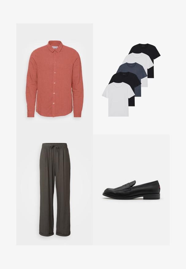 Koszula z długim rękawem w bladych koralowych odcieniach z lnu, z klasycznym kołnierzykiem i zapięciem na guziki z dopasowanymi guzikami. Gładka faktura i dopasowany krój.; Zestaw pięciu koszulek w kolorach czarnym, białym i granatowym. Wykonane z bawełny, z krótkimi rękawami, klasycznym dekoltem i gładką fakturą, bez wzorów.; Ciemnoszare spodnie typu wide-leg z elastycznym pasem, wykonane z miękkiego, teksturowanego materiału, z podwiniętymi mankietami przy kostkach.; Czarne skórzane loafersy o gładkim wykończeniu, zaokrąglonym czubku i małym dekoracyjnym klapku. Posiadają niską, warstwową podeszwę oraz subtelny detal z brandingiem.