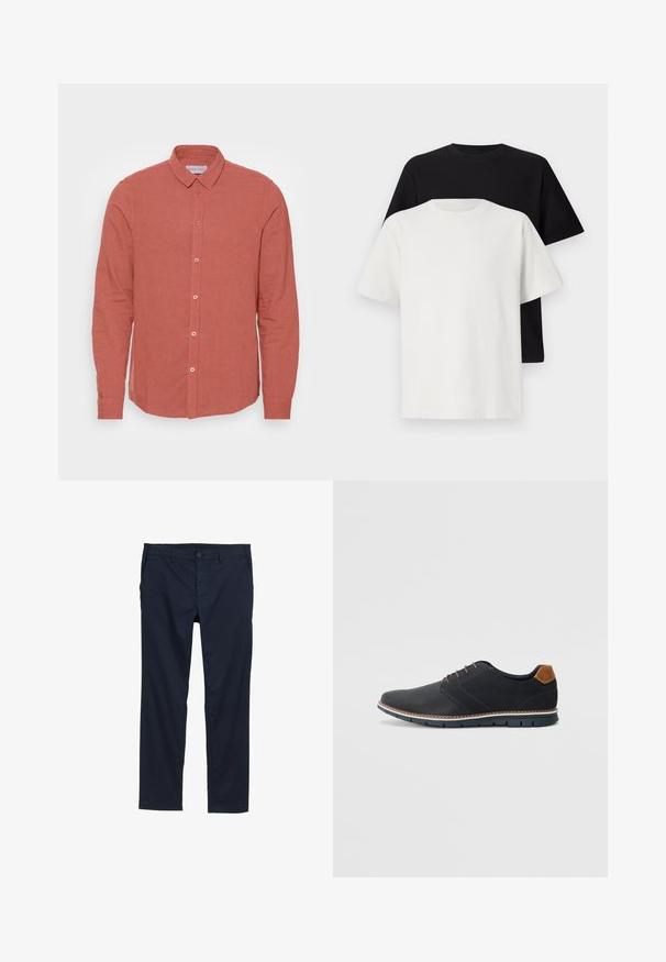Long-sleeve shirt in faded coral linen, featuring a classic collar and front button closure with matching buttons. Smooth texture and tailored fit.; Cotton t-shirt set featuring a black top and a white top, both with short sleeves, round neckline, and standard fit. Textured fabric.; Navy blue lightweight trousers featuring a smooth texture, straight leg design, button closure, and side pockets.; Black synthetic shoes with a textured upper, smooth accents, brown heel, and a contrasting sole. Features minimal lacing and stitch details.