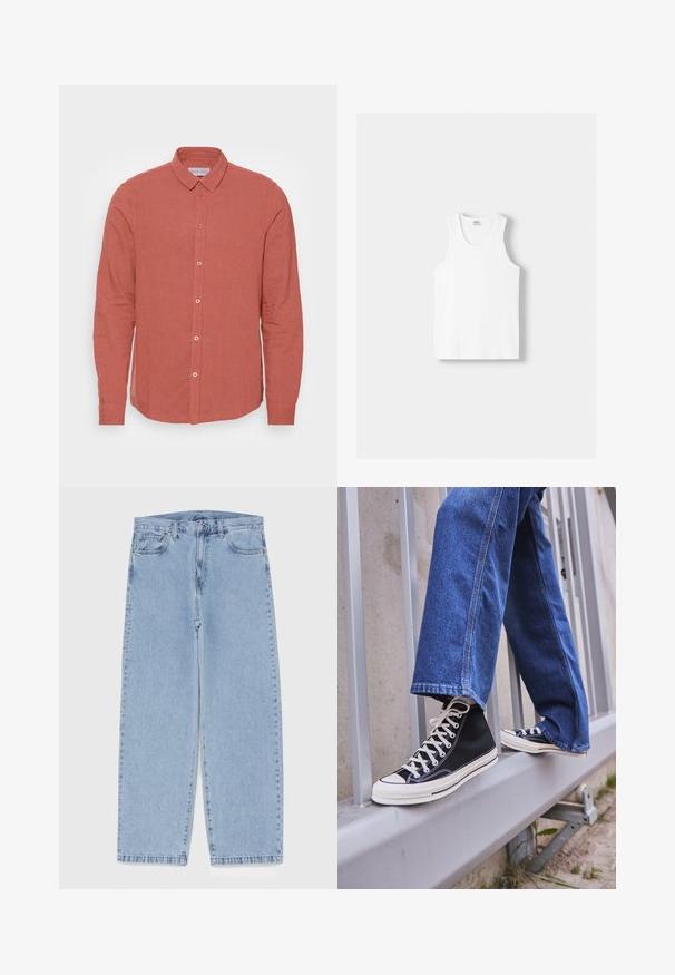 Dlhý rukáv košele z vyblednutého koralového ľanu, s klasickým golierom a predným zapínaním na gombíky v rovnakom odtieni. Hladká textúra a prispôsobený strih.; Biely bavlnený tielko s okrúhlym výstrihom, širokými ramennými popruhmi a rovnom spodným lemom, ktoré má hladkú textúru a žiadne viditeľné vzory.; Svetlomodré denimové džínsy s rovnými nohavicami, s polovysokým pásom, piatimi vreckami a zapínaním na gombík a zips.; Čierne vysoké tenisky s bielou podrážkou a šnúrkami, kombinované so voľnými modrými riflami, položené na sivej zábradlí.