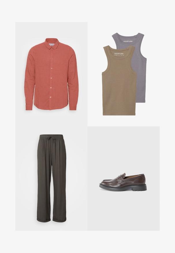 Koszula z długim rękawem w bladych koralowych odcieniach z lnu, z klasycznym kołnierzykiem i zapięciem na guziki z dopasowanymi guzikami. Gładka faktura i dopasowany krój.; Dwa bezrękawnikowe topy z miękkiej bawełny. Jeden jest jasnobrązowy, a drugi lawendowo-szary, z prążkowaną teksturą i okrągłym dekoltem.; Ciemnoszare spodnie typu wide-leg z elastycznym pasem, wykonane z miękkiego, teksturowanego materiału, z podwiniętymi mankietami przy kostkach.; Brązowe skórzane loafersy o gładkim wykończeniu, okrągłym nosku, minimalnym przeszyciu i grubym czarnym gumowym spodzie. Brak widocznych elementów metalowych czy akcentów.