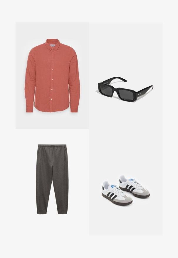 Chemise à manches longues en lin corail délavé, dotée d'un col classique et d'une fermeture à boutons sur le devant avec des boutons assortis. Texture lisse et coupe ajustée.; Pantalons de jogging gris en tissu doux, avec une taille élastique, des poches latérales et une conception de jambe fuselée.; Baskets avec une tige en cuir blanc, un bout en daim gris et trois bandes noires. Présente un logo bleu sur la languette et une semelle en caoutchouc texturée.; Arnette THEKIDD UNISEX - Lunettes de soleil - black