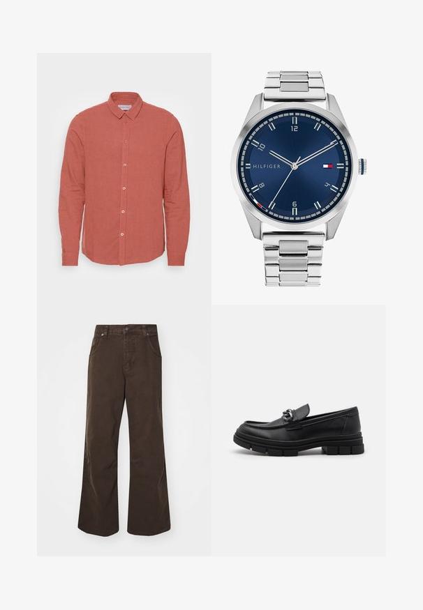Košulja dugih rukava u izblijedjelom koraljnom lanu, s klasičnom kragnom i prednjim zatvaranjem na gumb s usklađenim gumbima. Glatka tekstura i prilagođeni kroj.; Smeđe hlače širokih nogavica od pamuka, s visokim strukom, prednjim džepovima i glatkom teksturom. Završetak uključuje suptilne detalje šivanja.; Crne kožne mokasine s zaobljenim vrhom, dekorativnom trakom i hardverom, te masivnom teksturiranom potplatom. Glatka površina s suptilnim detaljima.; Srebrni metalni sat s četkanim plavim brojčanikom, bijelim oznakama sati i prikazom datuma. Ima povezan metalni remen i logo marke.; Srebrna lančana ogrlica s debelim karikama i središnjim okruglim privjeskom s složenim detaljima. Glatka, reflektirajuća metalna površina.
