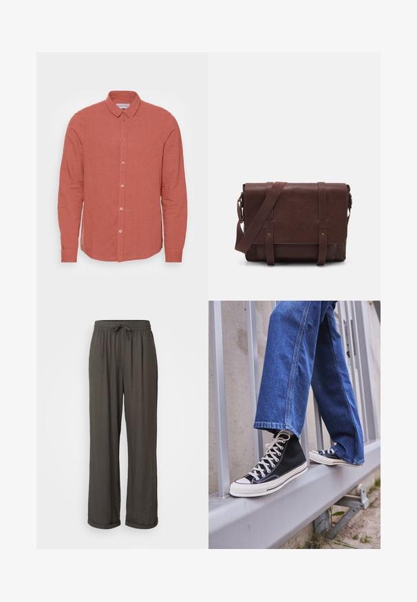 Pitkähihaista paitaa haalistuneesta korallipellavasta, jossa on klassinen kaulus ja etupainike, jossa on vastaavat napit. Sujuva tekstuuri ja istuva malli.; Tummanharmaat leveälahkeiset housut, joissa on nyöri vyötäröllä, valmistettu pehmeästä, tekstuuripinnoitetusta kankaasta, ja joissa on käänteet nilkoissa.; Mustat high-top tennarit valkoisella pohjalla ja nauhoilla, yhdistettynä väljään sinisiin farkkuihin, lepäävät harmaalla kaiteella.; Ruskea nahkainen viestintälaatikko, jossa on litteä etuläppä, kaksi remmiä, kultaiset yksityiskohdat ja säädettävä olkahihna.