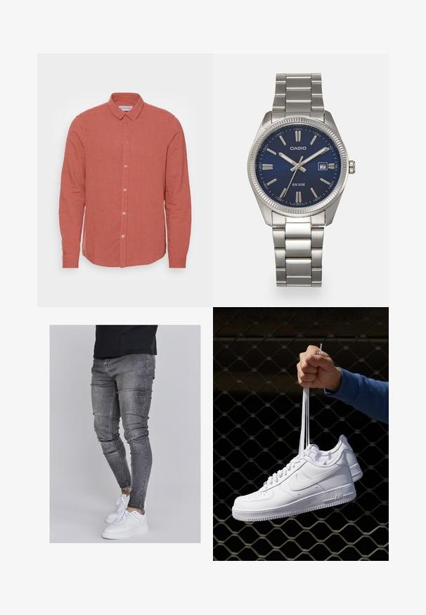 Langærmet skjorte i falmet koralfarvet linned, med klassisk krave og frontknaplukning med matchende knapper. Glat tekstur og skræddersyet pasform.; Slank jeans i falmet grå denim med slidte detaljer ved knæene, parret med hvide sneakers. Glat tekstur, slim fit design.; Hvide lædersneakers med perforeringer, rund tå, flad sål og tykke snørebånd, med et synligt swoosh-logo og "AIR" på hælen.; Sølv rustfrit stål urrem med en marineblå urskive, metallic timemarkører og et datovindue kl. 3. Vandafvisende op til 50 meter.