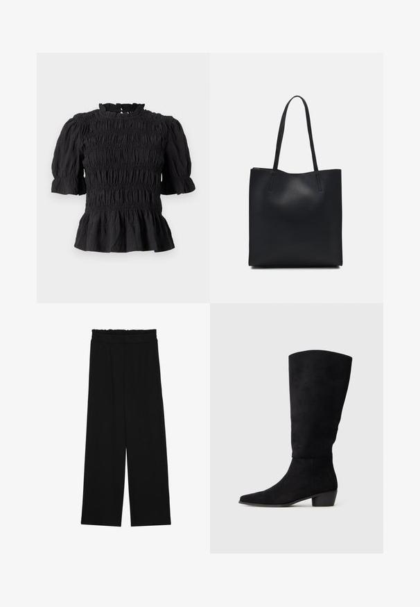 Top nero con design arricciato, maniche corte a sbuffo e orlo a volant. Collo rotondo con apertura a chiave sul retro. Tessuto testurizzato.; Pantaloni neri a gamba larga con cintura arricciata, dotati di due tasche laterali e un tessuto liscio e leggero. Nessun motivo visibile o parti metalliche.; Stivale nero in suede alto fino al ginocchio con tacco basso e punta affusolata, presentato in vista laterale su uno sfondo grigio chiaro uniforme.; Borsa tote in pelle nera con texture liscia, forma rettangolare e due manici lunghi. Nessun hardware o decorazione visibile.