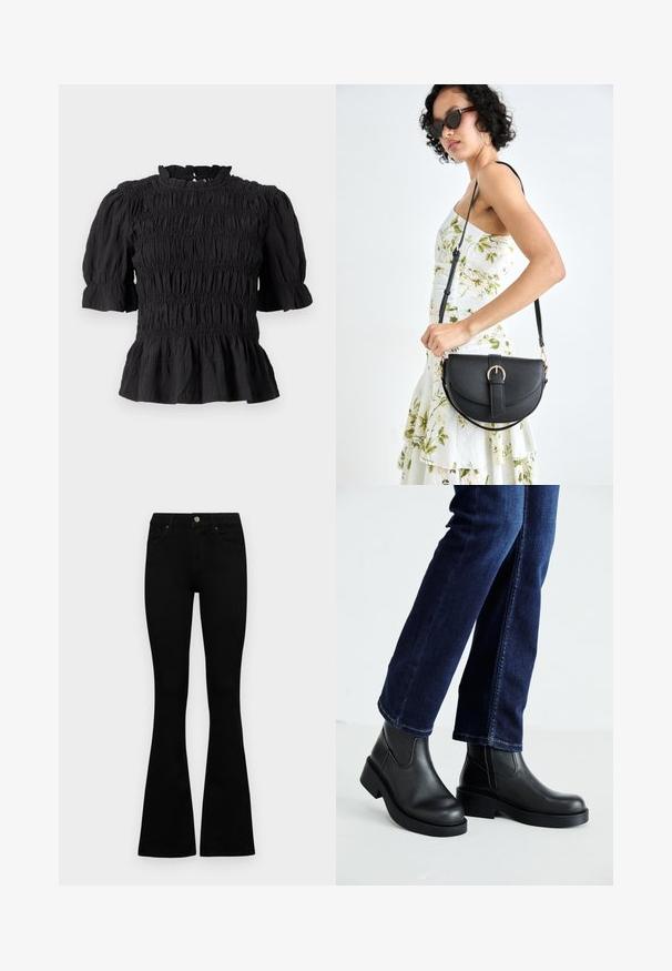 Melnas blūzes ar smockēto dizainu, īsām puff piedurknēm un viļņotu apakšmalu. Apaļš izgriezums ar atslēgas caurumu mugurpusē. Strukturēta auduma.; Melni augsta jostas šorti ar pogu un rāvējslēdzēju, priekšējām kabatām un izplestām kājām, nolikti uz balta fona.; Melnas ādas potīšu zābaki ar masīvu zoli un sānu elastīgām daļām, kombinēti ar tumši ziliem džinsiem. Zeme ir gaišā krāsā.; Melnas ādas rokassoma ar izliekta formu, noņemamu siksnu un zelta aksesuāriem. Somai ir vāciņš ar sprādzes detaļu.