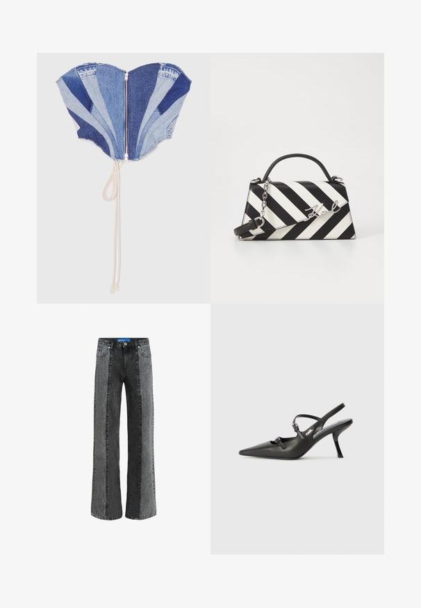 Karl Lagerfeld Jeans ATELIER BUSTIER - Top - patchwork blue; Jeans de perna larga em denim preto e cinza. Apresenta uma cintura alta com fecho por botão, cinco bolsos e painéis verticais contrastantes.; Sapatos de salto alto em couro preto, tipo slingback, com bico pontiagudo, salto esguio e detalhe decorativo em fivela no peito do pé. Textura suave e design elegante.; Bolsa de mão às riscas pretas e brancas com um formato estruturado, apresentando uma alça superior, uma alça de corrente destacável e um detalhe em logotipo metálico.