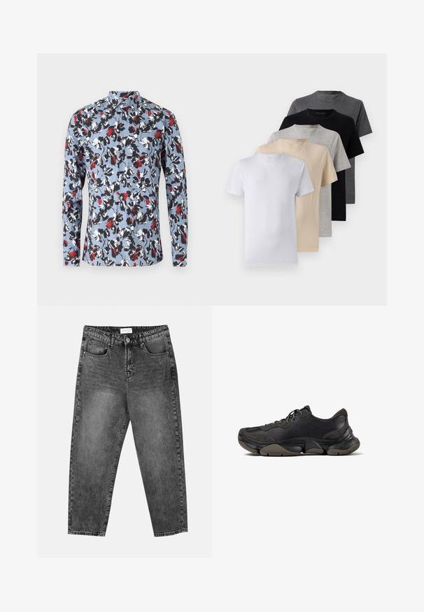 Košela s dlhým rukávom, svetlomodrá, s kvetinovým vzorom v červenej, čiernej a bielej farbe. Obsahuje golier a zapínanie na gombíky vpredu.; Sada piatich tričiek s krátkym rukávom v bielej, béžovej, svetlošedej, tmavošedej a čiernej farbe. Vyrobené z hladkej bavlny, s dizajnom okrúhleho výstrihu.; Čierne pranie rovné nohavice s prednými a zadnými vreckami, pútkami na opasok a zapínaním na gombík v páse.; Čierne atletické tenisky s textúrovanou podrážkou, koženým a semišovým zvrškom, vypchatým golierom a šnurovaním, zobrazené z bočného profilu.