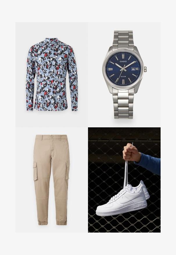 Hosszú ujjú, világoskék ing virágmintával, piros, fekete és fehér színekben. Gallérral és elülső gombos záródással rendelkezik.; Beige színű cargo nadrág könnyű pamut anyagból. Rugalmas mandzsettákkal, több oldalsó zsebbel és gombos záródással rendelkezik.; Fehér bőr sportcipők perforációval, kerek orral, lapos talppal és vastag fűzőkkel, látható swoosh logóval és "AIR" felirattal a sarokrészen.; Ezüst színű rozsdamentes acél karóránk sötétkék számlapja van, fém óraszámlálókkal és egy dátumablakkal a 3 órás pozícióban. 50 méterig vízálló.