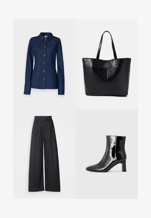 Camisa-jacket de ganga escura com gola pontiaguda, mangas longas e seis botões à frente. Apresenta costuras visíveis e ligeira modelagem na cintura.; Calças largas e escuras com um cós estruturado e pregas. Feitas de um tecido leve, com uma textura suave e sem padrões visíveis.; Botim de tornozelo em pele sintética preta com bico apontado e salto bloco de altura média. Textura suave e design minimalista.; Bolsa tote preta em couro com duas alças longas, textura suave e forma estruturada. Apresenta um bolso frontal para armazenamento adicional.