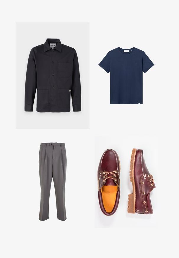 Schwarze Baumwolljacke zum Knöpfen mit Kragen, zwei vorderen Taschen und einem kleinen Logodetail auf der rechten Tasche. Minimalistisches Design.; Navyblaue Baumwoll-T-Shirt mit rundem Halsausschnitt, kurzen Ärmeln und einem kleinen gestickten Logo auf der linken Brust. Glatte Textur.; Graue, plissierte Hose aus glattem Stoff, mit geradem Schnitt, einem Knopfverschluss und Gürtelschlaufen. Minimalistisches Design.; Bordeauxfarbene Lederschuhe mit braunen Gummisohlen, runder Zehenform, weißen Nähten und goldenen Ösen. Das Innenfutter weist eine gelbe Beschichtung auf.