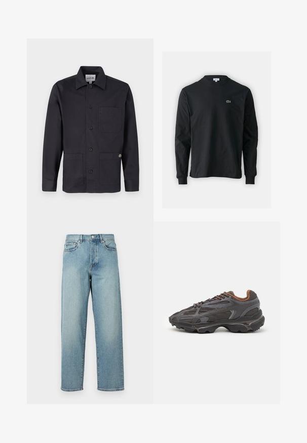 Chaqueta negra de algodón con botones, cuello, dos bolsillos delanteros y un pequeño detalle de logo en el bolsillo derecho. Diseño minimalista.; Camiseta de manga larga negra de algodón, con escote redondo y un pequeño logo de cocodrilo bordado en verde en el lado izquierdo del pecho.; Jeans de mezclilla azul claro con un corte amplio, piernas rectas, diseño de cinco bolsillos y cierre de botón en la cintura. Detalle de costura minimalista.; Zapatillas Lacoste en gris oscuro con material de malla y sintético, que cuentan con una suela texturizada y detalles en marrón en el cuello y la marca.