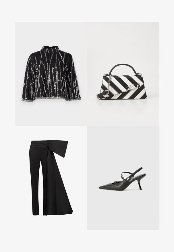 Svart kort topp med hög hals, prydd med silverfärgade paljetter i vertikala linjer, genomskinliga ärmar och texturerad väv.; Svarta byxor med en bred, draperad sashesdetalj vid midjan. Slät tyg, rak benklippning och veckad midja.; Svarta läderklackar med slingback, spetsig tå, smal klack och dekorativ spänndetalj på ovansidan. Slät struktur och stilren design.; Svart och vit randig handväska med en strukturerad form, som har ett handtag upptill, en avtagbar kedjesnodd och en metallisk logotypdetalj.