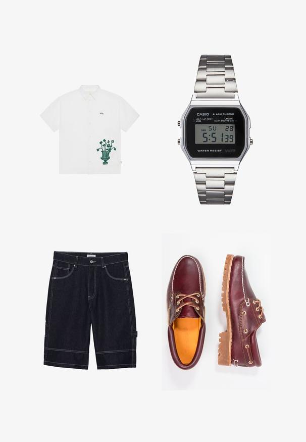 Biała koszula z krótkim rękawem, zapinana na guziki, z zielonym haftem przedstawiającym wazon i kwiaty po lewej stronie. Posiada klasyczny kołnierzyk oraz detal z tkanego logo.; Jasno kremowy top na ramiączkach o prążkowanej teksturze z małymi wzorami w kształcie diamentu. Posiada okrągły dekolt oraz subtelne złote logo.; Ciemnoniebieskie szorty dżinsowe z kontrastowym przeszyciem, pięcioma kieszeniami, zapięciem na guzik oraz prostym krojem. Brak widocznych wzorów lub tekstur.; Bordowe skórzane buty z brązowymi gumowymi podeszwami, okrągły czubek, białe przeszycia i złote oczka. Wnętrze posiada żółtą podszewkę.; Cyfrowy zegarek Casio z czarną tarczą, srebrnym stalowym paskiem, prostokątną obudową oraz przyciskami do podświetlenia, resetowania okrążeń i zmiany trybów.