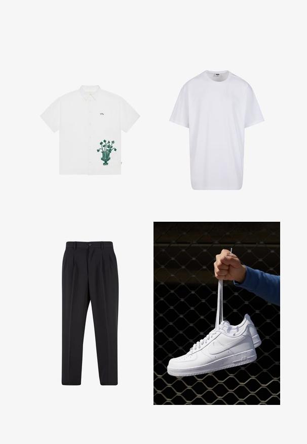 Bijela košulja kratkih rukava s gumbima, sa zelenim izvezenim dizajnom vaze i cvijeta na lijevoj strani. Ima klasičan ovratnik i tkanu oznaku s detaljem.; Bijela pamučna majica s kratkim rukavima, zaobljenim izrezom, opuštenog kroja, bez vidljivih logotipa ili uzoraka. Glatka tekstura i minimalni dizajn.; Crne hlače s nabranim prednjim dijelom, izrađene od glatkog materijala. Imaju zatvaranje na gumb i petlje za remen; ravne su krojen.; Bijele kožne tenisice s perforacijama, okruglim vrhom, ravnim potplatom i debelim vezicama, s vidljivim swoosh logom i natpisom "AIR" na peti.