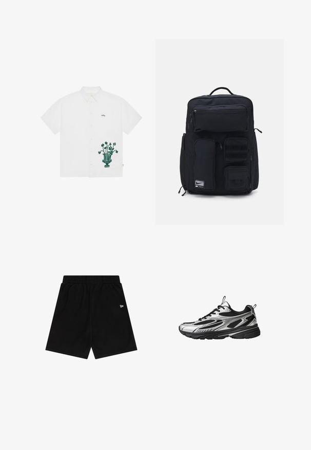 Bijela košulja kratkih rukava s gumbima, sa zelenim izvezenim dizajnom vaze i cvijeta na lijevoj strani. Ima klasičan ovratnik i tkanu oznaku s detaljem.; Crne kratke hlače od mekog materijala s elastičnom gumom u struku. Imaju mali bijeli logo sprijeda. Jednostavni dizajn i ravni kroj.; Tenisice za trčanje s metalno srebrnim i crnim dizajnom, mrežastim panelima, debelim crnim potplatom i vezanjem s trakama uz dodatne petlje na jeziku i peti.; Crna ruksak izrađena od izdržljive tkanine. Ima više džepova s patentnim zatvaračem, uključujući prednji odjeljak, te područja s čičak trakom za pričvršćivanje dodataka.