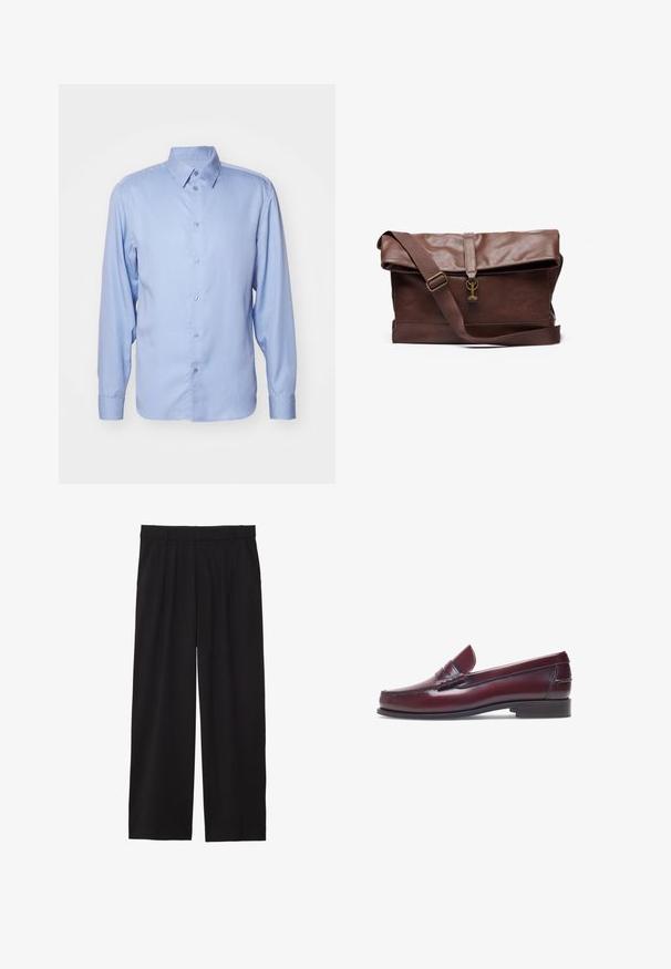 Chemise à manches longues bleu clair en tissu lisse, dotée d'un col classique, d'une patte de boutonnage et d'une coupe ajustée avec des poignets boutonnés.; Pantalons larges noirs avec un devant plissé, des poches latérales et une texture de tissu lisse. Conçus pour un ajustement décontracté.; Mocassin en cuir bordeaux avec un bout arrondi, des détails cousus et un petit accent décoratif sur le devant. Semelle plate contrastante.; Sac messager en cuir brun avec rabat rabattable, sangle réglable, ferrures en métal et finition lisse. Comprend une fermeture avant avec une boucle.; Montre-bracelet en quartz carrée avec un cadran blanc, des aiguilles bleues, des chiffres romains, un affichage de la date, et un bracelet en cuir noir avec une finition texturée.