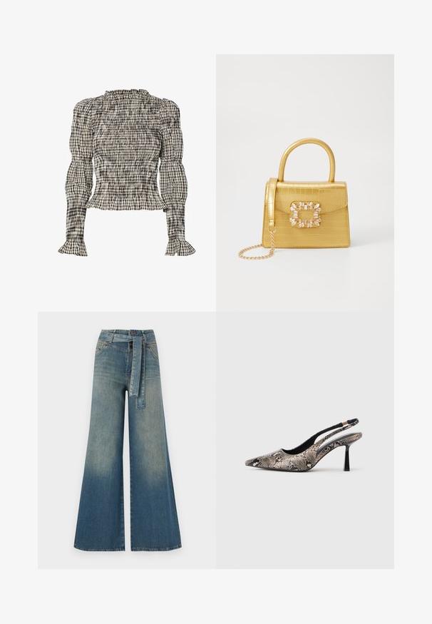 Blouse smockée avec un motif à carreaux en noir, blanc et beige. Encolure et poignets à volants, manches longues, coupe courte.; Pantalons en denim à jambe large présentant un dégradé de bleu clair à bleu foncé, taille haute, passants de ceinture et une ceinture en tissu assortie. Finition en denim texturé.; Chaussures slingback à bout pointu en matériau à imprimé serpent texturé, avec un talon noir fin et un design découpé sur les côtés.; Sac à main en faux crocodile jaune avec un design structuré, une poignée supérieure, une bandoulière en chaîne amovible, et un ornement cristallin décoratif sur le fermoir.