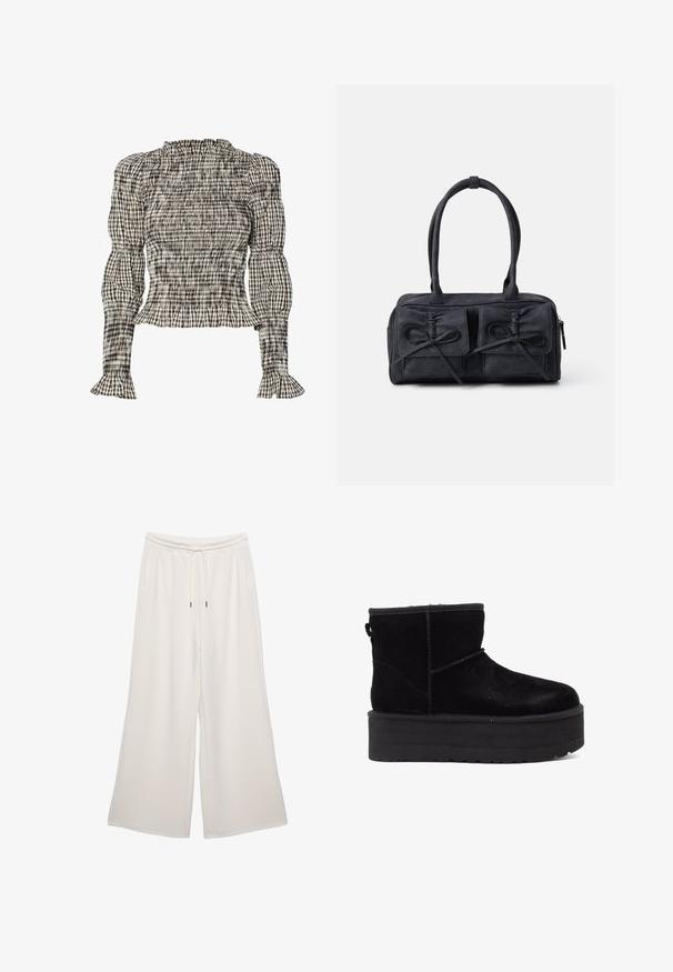 Bluzka z marszczeniami w kratkę w kolorach czarnym, białym i beżowym. Falbaniasty dekolt i mankiety, długie rękawy, krótki krój.; Kremowe spodnie w szerokim kroju wykonane z miękkiego materiału, z elastycznym paskiem w talii, sznurkiem oraz bocznymi kieszeniami. Gładka faktura.; Czarne zamszowe botki za kostkę z grubą platformą i miękką podszewką. Wykończone akcentami przeszycia oraz z tylną pętelką ułatwiającą zakładanie.; Czarna torba z materiału z dwoma przednimi kieszeniami z detalami w kształcie kokardek, podwójnymi uchwytami i zapięciem na zamek. Miękka struktura i prostokątny kształt.