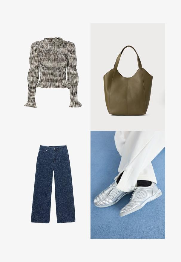 Blouse smockée avec un motif à carreaux en noir, blanc et beige. Encolure et poignets à volants, manches longues, coupe courte.; Jean en denim à jambe large de couleur bleu foncé, avec un tissu texturé présentant une légère variation de couleur, cinq poches et une fermeture à bouton à l'avant.; Des chaussures de sport argentées avec une finition lisse et brillante, présentant un design cousu et le numéro 90 sur le côté, assorties à un pantalon blanc.; Sac fourre-tout en cuir vert olive avec double poignée, texture lisse et design à quatre panneaux. Coutures renforcées le long des joints pour plus de durabilité.