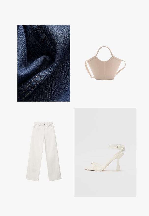 Dark blue denim fabric with a slight sheen, showing a soft, crumpled texture and visible stitching in contrasting beige thread.; White wide-leg jeans made of denim, featuring a high waist, five-pocket design, and a metal button closure. Smooth texture, no patterns.; Strappy high-heeled sandal in white leather with a sleek design, a transparent block heel, and a decorative element at the toe.; Beige leather handbag with a unique shape, featuring two short handles and a long adjustable strap. Smooth texture with minimal hardware.