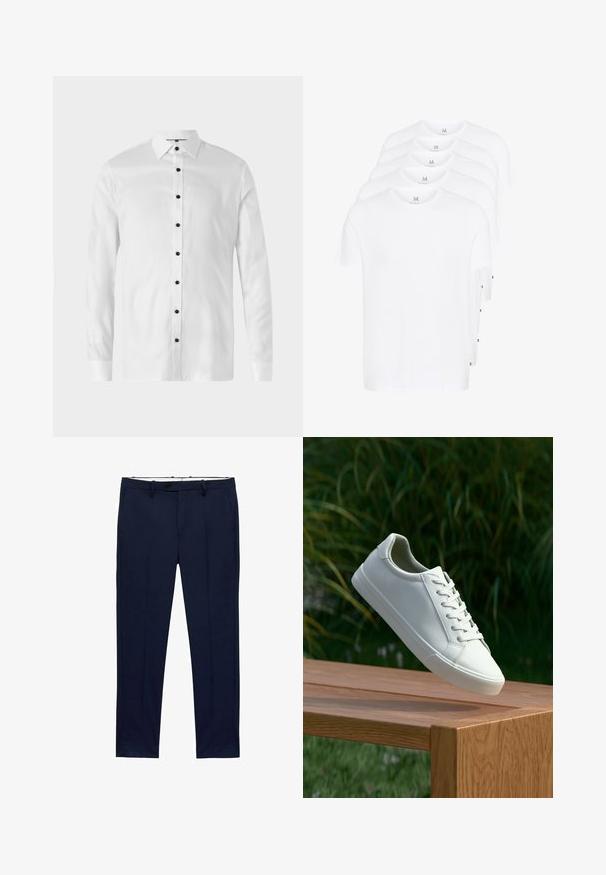 Weißes Langarm-Hemd mit Knopfverschluss und schwarzen Knöpfen, klassischem Kragen und glattem Stoff, entworfen für eine taillierte Passform.; Weiße Kurzarm-T-Shirts gestapelt, aus Baumwolle gefertigt. Eigenschaften umfassen einen Rundhalsausschnitt und einen geraden Schnitt. Der Stoff wirkt glatt und hat keine Muster.; Marineblaue Hosen mit schmaler Passform und Streifenmuster. Mit Reißverschluss, Gürtelschlaufen und Vordertaschen. Glatte Stoffstruktur.; Weiße Schnürsneaker, die über einer Holzbank mit grünem Laub im Hintergrund schweben und das Schuhdesign sowie die Textur zeigen.