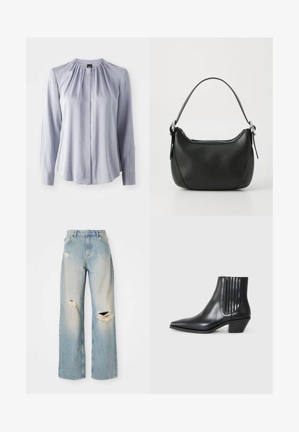 Világosszürke, hosszú ujjú blúz, ráncolt nyakkivágással, gombos elülső résszel és mandzsettával. Simaságával és puha textúrájával készült anyagból.; Szürke ujjatlan garbó felső, testhez simuló szabás, bordázott textúra, sima anyag, magas nyakkal és stílusos vállkivágásokkal rendelkezik.; Világoskék, egyenes szabású farmernadrág, magas derekú, övhurkokkal, bal combon, jobb térden és bal lábszáron megviselt szakításokkal.; Fekete bőr bokacsizma hegyes orral, elasztikus oldalsó panelekkel, amelyek függőleges bemetszésekkel rendelkeznek, és alacsony blokk sarkú. Sima textúrájú és elegáns dizájn.; Fekete bőr kézitáska ívelt formával, ezüst cipzárral és rövid fogantyúval. Az elején diszkrét logó található, és sima tapintású.