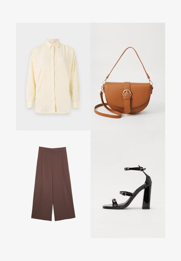 Yellow and white striped button-up shirt with a collar, long sleeves, and a relaxed fit. Features front button closure and straight hem.; Brown wide-leg trousers with a smooth texture, featuring a high waist and front pleats. The fabric is lightweight and flows loosely.; Black patent high-heeled sandals with two buckle straps, square toe, and a chunky block heel, featuring a smooth, glossy texture.; Brown leather crossbody bag with a curved shape, gold hardware, and a buckle accent. Features a detachable shoulder strap.