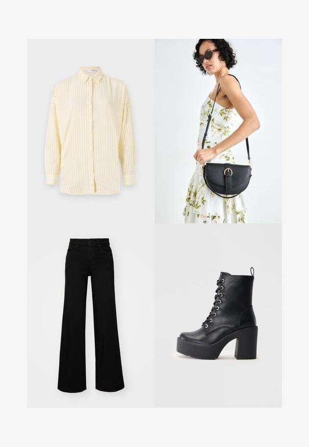 Gul og hvit stripete skjorte med krage, lange ermer og avslappet passform. Har knappelukking foran og rett kant.; Svart vide bukser laget av denim, med en strukturert midjebånd, beltestropper og frontlommer. Glatt tekstur med et klassisk design.; Sorte læder ankelstøvle med en kraftig blokhæl, snøre foran og tekstureret overflade. Har en flap på bagsiden for nem påtagning.; Svart lærveske med en buet form, avtagbar stropp og gullbeslag. Vesken har et klaff med spenne-detall.