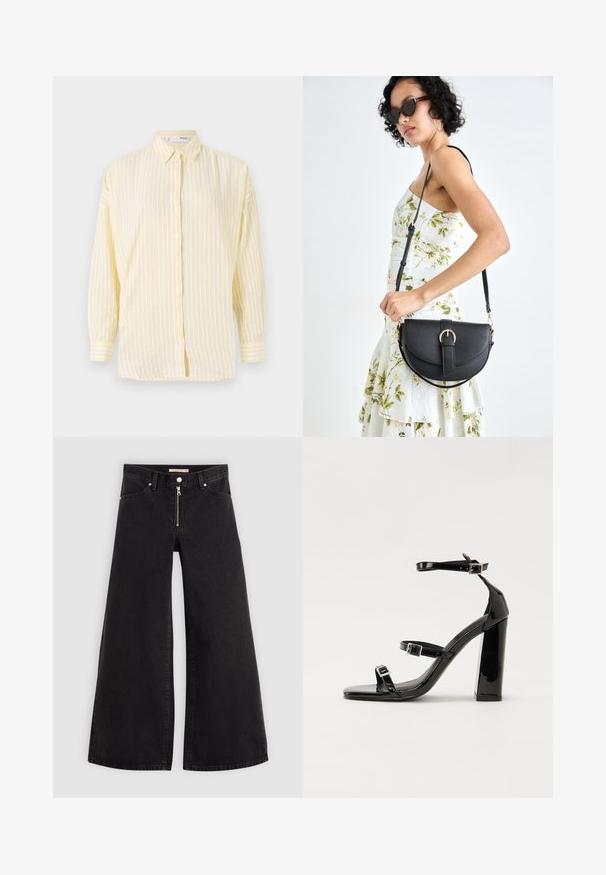Yellow and white striped button-up shirt with a collar, long sleeves, and a relaxed fit. Features front button closure and straight hem.; Wide-leg jeans in black denim with a zippered front, five-pocket design, and subtle stitching details. Smooth texture and casual style.; Black patent high-heeled sandals with two buckle straps, square toe, and a chunky block heel, featuring a smooth, glossy texture.; Black leather handbag with a curved shape, detachable strap, and gold hardware. The bag features a flap with a buckle detail.