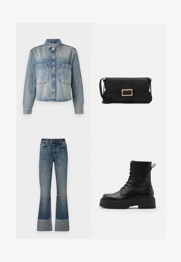 Light blue denim jacket with a pointed collar, button front, and two chest pockets. Features long sleeves and a slightly cropped design.; Denim flared jeans in medium blue with a high waist, five buttons, and frayed hem. Features a lighter cuff at the bottom and faded texture.; Black leather ankle boots with a round toe, lace-up front, and a thick rubber sole featuring a textured tread. Pull tab at the back.; Black leather clutch bag with a flap and a gold metal buckle detail. Includes a black strap and a sleek, minimalist design.; Silver hoop earrings with a minimalist design. Circular shape, smooth texture, and thin profile. Lightweight with a polished finish.