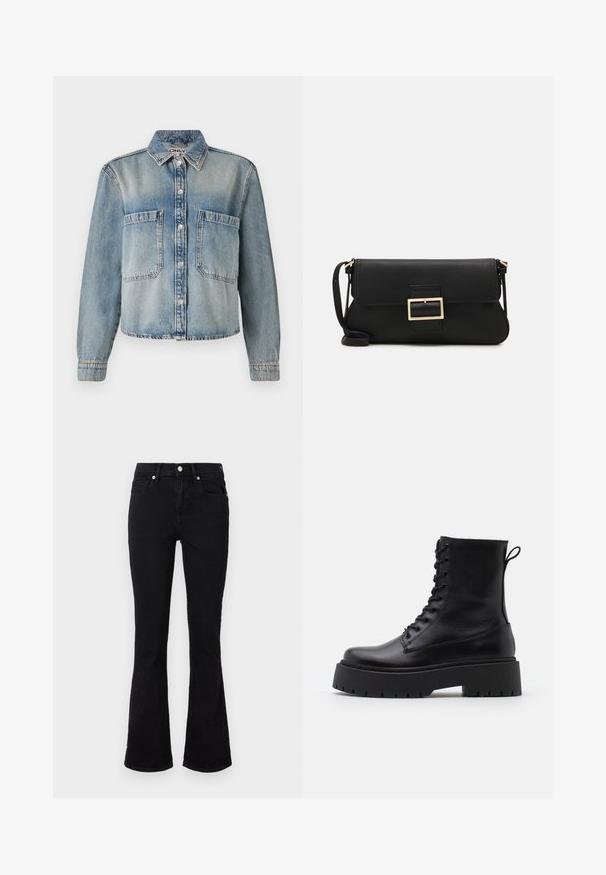 Light blue denim jacket with a pointed collar, button front, and two chest pockets. Features long sleeves and a slightly cropped design.; Black flared jeans made of denim, featuring a mid-rise waist, front pockets, and button closure. Smooth texture with minimal stitching details.; Black leather ankle boots with a round toe, lace-up front, and a thick rubber sole featuring a textured tread. Pull tab at the back.; Black leather clutch bag with a flap and a gold metal buckle detail. Includes a black strap and a sleek, minimalist design.